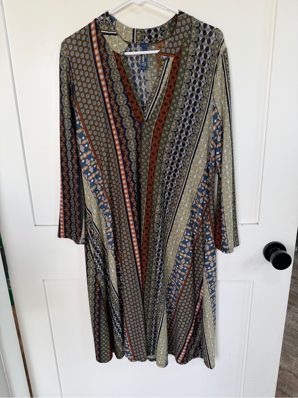 Patterned Boho Tunic V-Neck Long Sleeve Women's Dress In Multi-Color Large